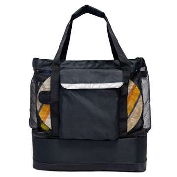 ToteCooler Beach Picnic Mesh Tote Bag with Zipper Top, Dual Internal Sling Bottle Pockets, 3 Exterior Pockets and Insulated Soft Cooler with Anti-Slip Rubber Base Guard (Black)