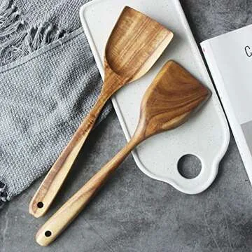FJNATINH Teak Wooden Wok Spatula for Non-stick Cookware