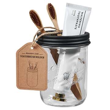 Amolliar Mason Jar Bathroom Accessories Set(4 Pcs) -Lotion Soap Dispenser &Cotton Swab Holder &Toothbrush Holder-Rustic Farmhouse Decor Apothecary Jars Vanity Organizer-Rustic Farmhouse Decor (Black)