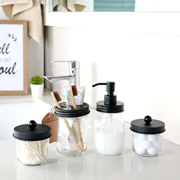 Amolliar Mason Jar Bathroom Accessories Set(4 Pcs) -Lotion Soap Dispenser &Cotton Swab Holder &Toothbrush Holder-Rustic Farmhouse Decor Apothecary Jars Vanity Organizer-Rustic Farmhouse Decor (Black)