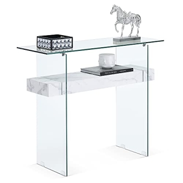 ivinta Glass Console Table with Storage, Small White Faux Marble Entryway Table for Living Room, 39....