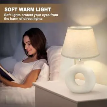 Yacoto Boho Table Lamp for Living Room Bedroom, 21" Modern Ceramic Bedside Lamps 3 Color Temperature Farmhouse Rustic White Table Lights for Night Stands, Dorm, Office, Home Décor (Bulb Included)