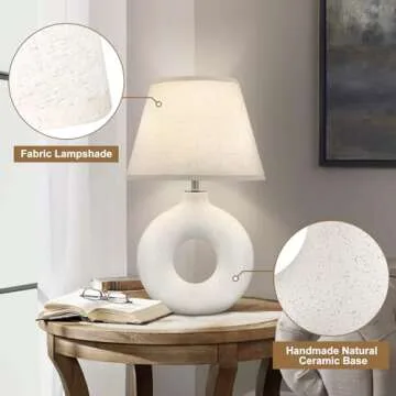 Yacoto Boho Table Lamp for Living Room Bedroom, 21" Modern Ceramic Bedside Lamps 3 Color Temperature Farmhouse Rustic White Table Lights for Night Stands, Dorm, Office, Home Décor (Bulb Included)