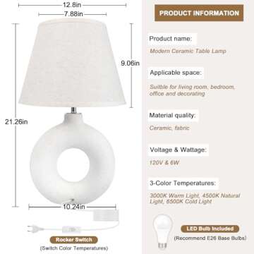 Yacoto Boho Table Lamp for Living Room Bedroom, 21" Modern Ceramic Bedside Lamps 3 Color Temperature Farmhouse Rustic White Table Lights for Night Stands, Dorm, Office, Home Décor (Bulb Included)