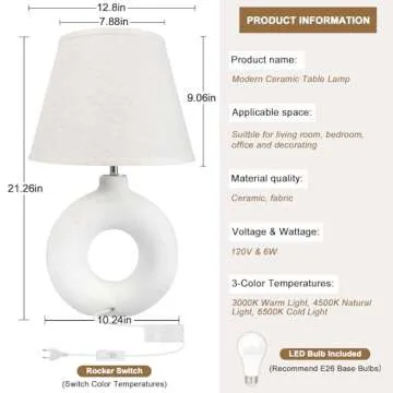 Yacoto Boho Table Lamp for Living Room Bedroom, 21" Modern Ceramic Bedside Lamps 3 Color Temperature Farmhouse Rustic White Table Lights for Night Stands, Dorm, Office, Home Décor (Bulb Included)
