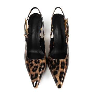 Fericzot Women's Slingback Stiletto High Heels Square Toe with Metal Buckle Strap Slip On Pumps Backless Patent Leather Fashion Dress Shoes Wedding Party Leopard 9
