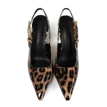 Fericzot Women's Slingback Stiletto High Heels Square Toe with Metal Buckle Strap Slip On Pumps Backless Patent Leather Fashion Dress Shoes Wedding Party Leopard 9
