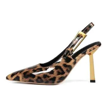 Fericzot Women's Slingback Stiletto High Heels Square Toe with Metal Buckle Strap Slip On Pumps Backless Patent Leather Fashion Dress Shoes Wedding Party Leopard 9