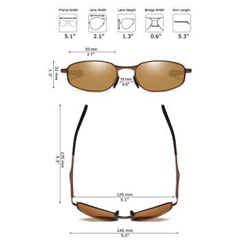 ZHILE Polarized Sunglasses Rectangular Wrap Metal Frame UV400 Protection (Brown, 53)