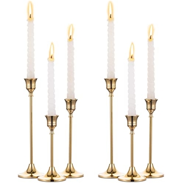 Elegant 6 Pcs Brass Gold Taper Candle Holders Set for Any Occasion
