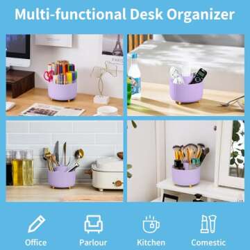 Marbrasse Desk Organizer, 360-Degree Rotating Pen Holder for Desk, Desk Organizers and Accessories with 5 Compartments Pencil Organizer, Art Supply Storage Box Caddy for Office, Home（Purple）