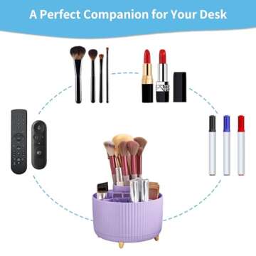 Marbrasse Desk Organizer, 360-Degree Rotating Pen Holder for Desk, Desk Organizers and Accessories with 5 Compartments Pencil Organizer, Art Supply Storage Box Caddy for Office, Home（Purple）