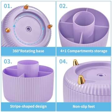 Marbrasse Desk Organizer, 360-Degree Rotating Pen Holder for Desk, Desk Organizers and Accessories with 5 Compartments Pencil Organizer, Art Supply Storage Box Caddy for Office, Home（Purple）