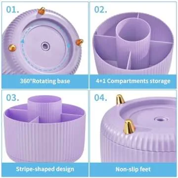 Marbrasse Desk Organizer, 360-Degree Rotating Pen Holder for Desk, Desk Organizers and Accessories with 5 Compartments Pencil Organizer, Art Supply Storage Box Caddy for Office, Home（Purple）