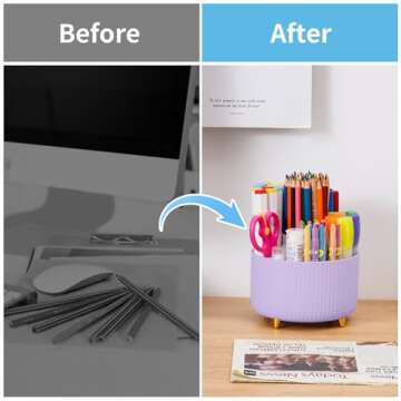 Marbrasse Desk Organizer, 360-Degree Rotating Pen Holder for Desk, Desk Organizers and Accessories with 5 Compartments Pencil Organizer, Art Supply Storage Box Caddy for Office, Home（Purple）