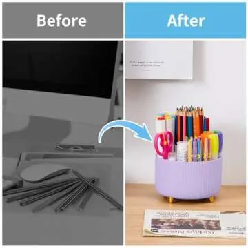 Marbrasse Desk Organizer, 360-Degree Rotating Pen Holder for Desk, Desk Organizers and Accessories with 5 Compartments Pencil Organizer, Art Supply Storage Box Caddy for Office, Home（Purple）
