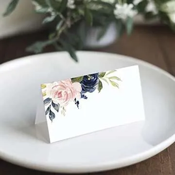 Bliss Collections Place Cards, Navy Floral, Tented Blank Table Place Cards for Weddings, Banquets an...