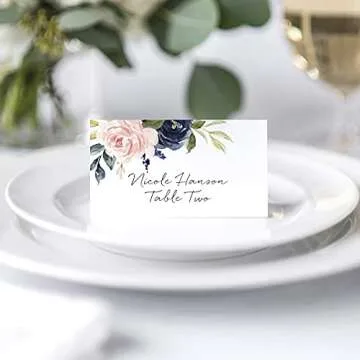 Bliss Collections Place Cards, Navy Floral, Tented Blank Table Place Cards for Weddings, Banquets and Dinner Parties, Scored for Easy Folding, 2"x3.5" (50 Place Cards)