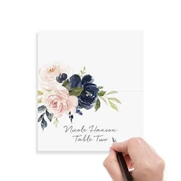 Bliss Collections Place Cards, Navy Floral, Tented Blank Table Place Cards for Weddings, Banquets and Dinner Parties, Scored for Easy Folding, 2"x3.5" (50 Place Cards)