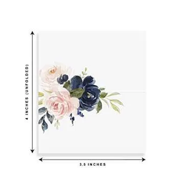 Bliss Collections Place Cards, Navy Floral, Tented Blank Table Place Cards for Weddings, Banquets and Dinner Parties, Scored for Easy Folding, 2"x3.5" (50 Place Cards)
