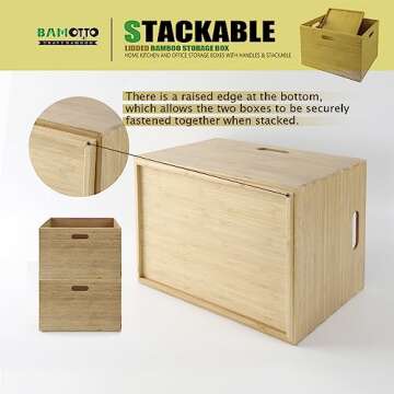 BAMOTTO Lidded Bamboo Storage Bins & Box/Cube/Basket, Home Kitchen and Office Storage Boxes with Handles & Stackable for Organizer Tableware, Crafts, Office Shelf Books, Large, 14.6”x10.2”x9.6”