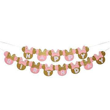 11pcs Minnie Birthday Party Decor Supplies, Girls 1st 2nd 3rd Birthday Supplies,Minnie Happy Birthday Banner, Minnie Garland, Minnie Paper Lanterns, Pink and Gold Minnie Paper Fans