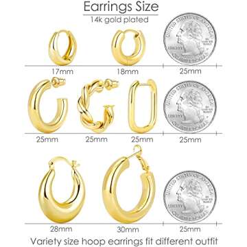 Adoyi Gold Hoop Earrings, 14k Gold Plated Small Chunky Huggie Hoop Earrings Set for Women Lightweight Jewelry Birthday Christmas Gifts for Her 7 Pairs
