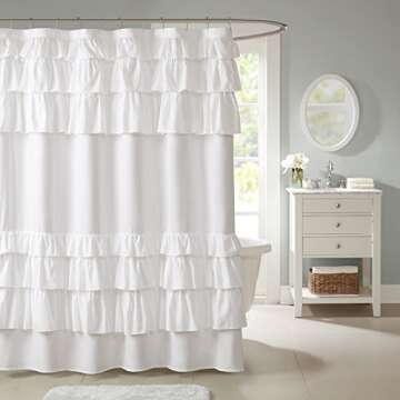 Madison Park Grace White Shower Curtain,Solid Cottage Top Shower Curtains for Bathroom, 72 X 72, White