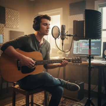 6-Panel Microphone Isolation Shield with Adjustable Stand – Foldable Soundproof Vocal Booth for Re...