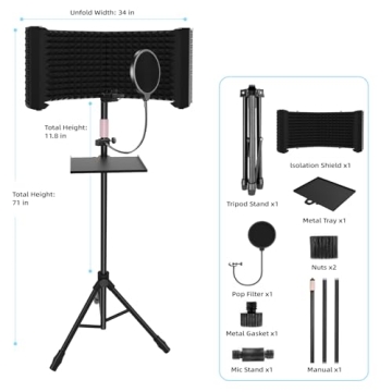 Professional 6-Panel Microphone Isolation Shield with Stand