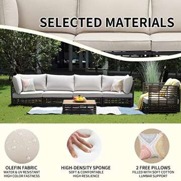 ESSENTIAL LOUNGER 6 Pieces Outdoor Patio Furniture Set, Sectional Conversation Outdoor Rattan Furniture Set with Olefin Cushions and Coffee Table, Wicker Sofa with Umbrella Hole for Garden, Poolside