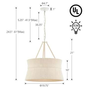 Elyccupa 20” Hand Woven Rattan Chandelier Coastal Boho Pendant Light for Kitchen Island Dining Living Room, UL Listed