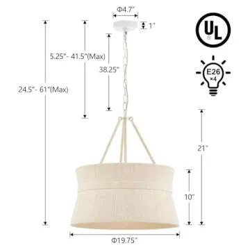 Elyccupa 20” Hand Woven Rattan Chandelier Coastal Boho Pendant Light for Kitchen Island Dining Living Room, UL Listed