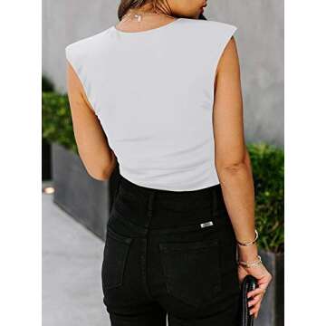 REORIA Women’s Casual Sleeveless Crew Neck Pads Shoulder Musle Bodycon Leotard Bodysuit Tank Tops White Small