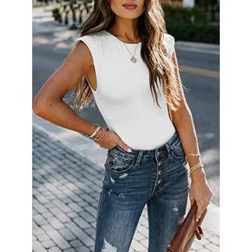 REORIA Women’s Casual Sleeveless Crew Neck Pads Shoulder Musle Bodycon Leotard Bodysuit Tank Tops White Small
