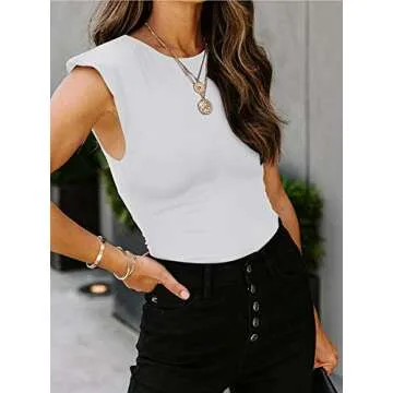 REORIA Women’s Casual Sleeveless Crew Neck Pads Shoulder Musle Bodycon Leotard Bodysuit Tank Tops White Small