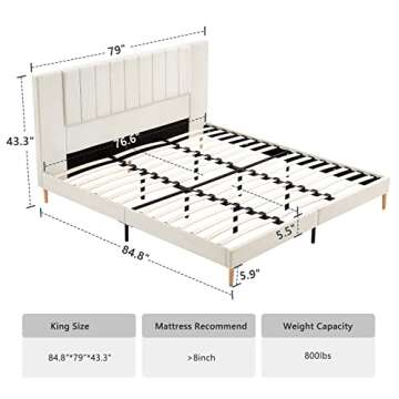 Flolinda King Size Platform Bed Frame with Velvet Upholstered Headboard and Wooden Slats Support, Fu...