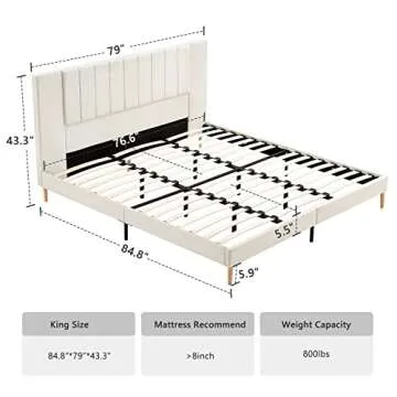 Flolinda King Size Platform Bed Frame with Velvet Upholstered Headboard and Wooden Slats Support, Fu...