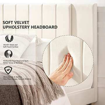 Flolinda King Size Platform Bed Frame with Velvet Upholstered Headboard and Wooden Slats Support, Fully Upholstered Mattress Foundation/No Box Spring Needed/Easy Assembly, Cream White