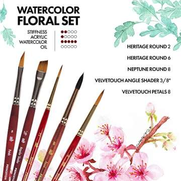 Princeton Artist Brush Co. Watercolor Floral Set - 5pc Short Handle Selection of Synthetic Watercolor Brushes - Petals Angle Shader and 3 Round Watercolor Paint Brushes for Floral Painting Techniques