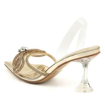 JENN ARDOR Women's Clear Heels Pointed Toe Kitten Heel Bow Pumps Rhinestone Strap Slingback Wedding ...