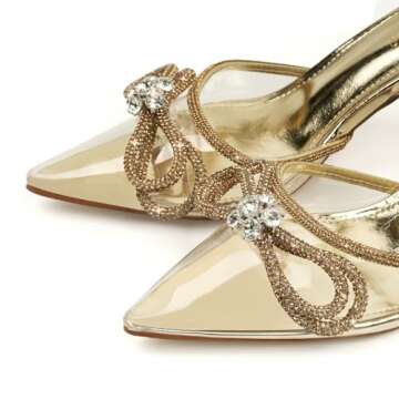 JENN ARDOR Women's Clear Heels Pointed Toe Kitten Heel Bow Pumps Rhinestone Strap Slingback Wedding Party Dress Shoes Gold