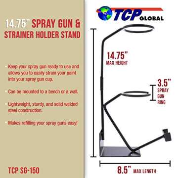 TCP Global Gravity Feed Paint Spray Gun Holder Stand with Strainer Holder, Wall or Bench Mount, HVLP