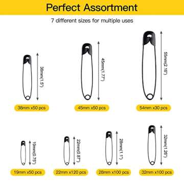 Morcheiong 500 Pack Safety Pins, 7 Assorted Safety Pins, Safety Pins Bulk, Rust-Resistant Nickel Plated Pins Nickel for Sewing, Clothes, Craft Arts (Black