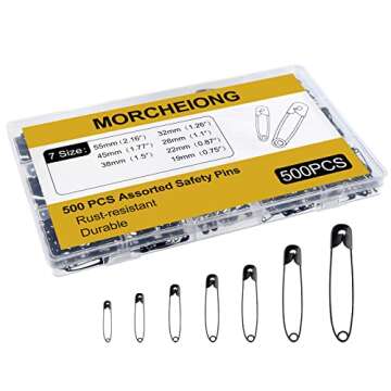 Morcheiong 500 Pack Safety Pins, 7 Assorted Safety Pins, Safety Pins Bulk, Rust-Resistant Nickel Plated Pins Nickel for Sewing, Clothes, Craft Arts (Black