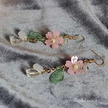DOUBNINE Pink Flower Earrings Dangle Cherry Blossoms Sakura Floral Teardrop Butterfly Fairy Leaf Petal Drop Spring Women Accessories (sakura)