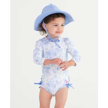 RuffleButts Baby Girls UPF 50+ Sun Protection Floral Printed Long Sleeve One Piece Rash Guard Swimsuit with Zipper - Periwinkle Butterfly Garden, 6-12m