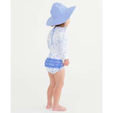 RuffleButts Baby Girls UPF 50+ Sun Protection Floral Printed Long Sleeve One Piece Rash Guard Swimsuit with Zipper - Periwinkle Butterfly Garden, 6-12m