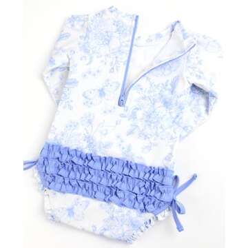 RuffleButts Baby Girls UPF 50+ Sun Protection Floral Printed Long Sleeve One Piece Rash Guard Swimsuit with Zipper - Periwinkle Butterfly Garden, 6-12m