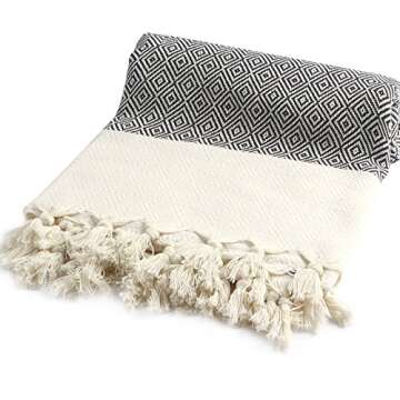 Turkish Cotton Diamond Weave Pestemal Bath Towel by Cacala Black
